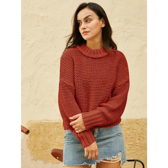 Women's Crewneck Chunky Knit Batwing Long Sleeve Loose Pullover Sweaters Tops - Picture 3 of 6